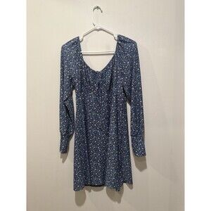 Lily Rose Womens Babydoll Dress Blue Floral Keyhole Scoop Neck Long Sleeve L